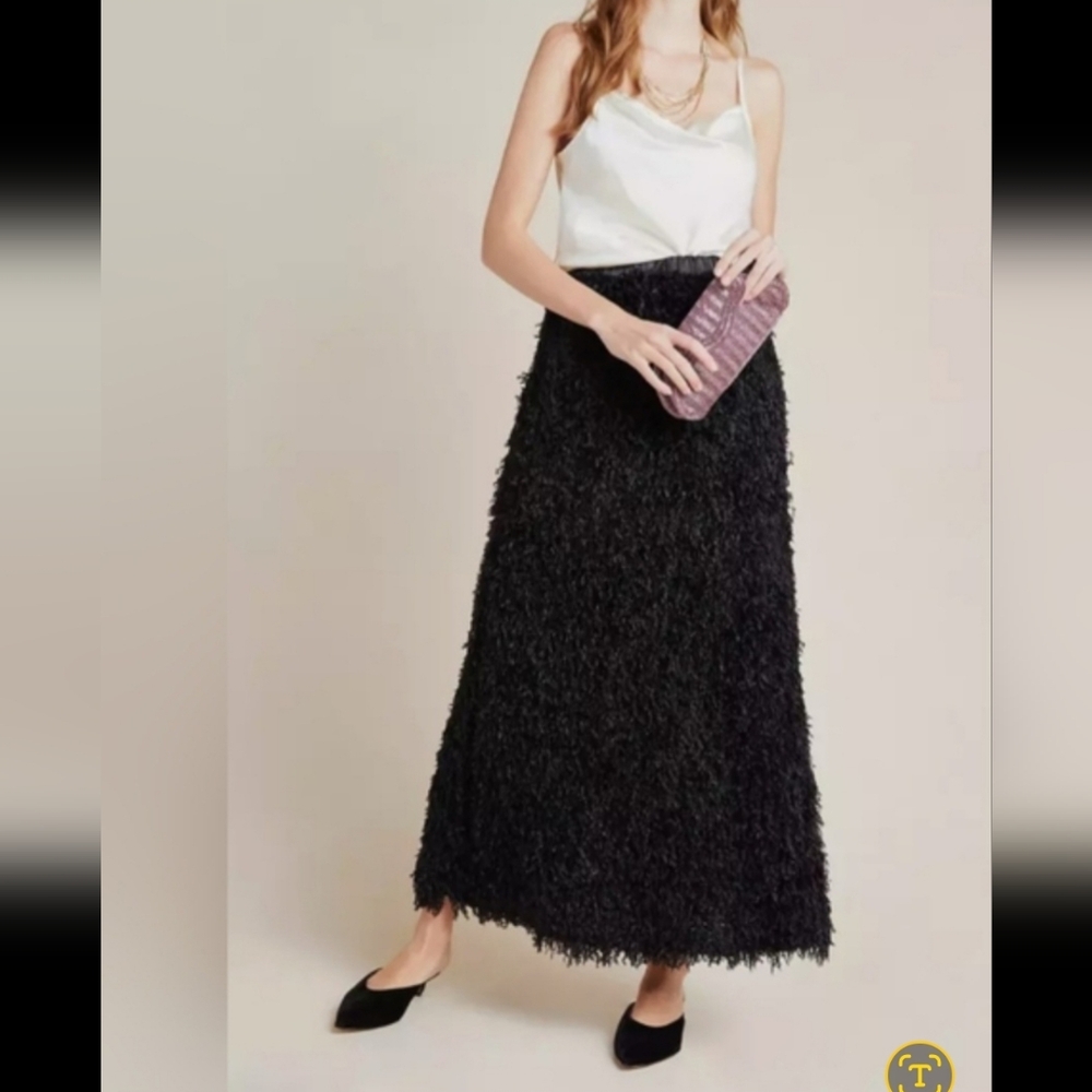 Anthropologie Chantal Feathered Black Maxi Skirt NWT Size L